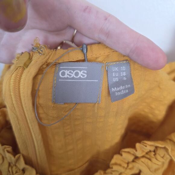 ASOS Yellow Off Shoulder Babydoll Bow Tie Casual Cute Mini Sundress Size 6 - Picture 5 of 9